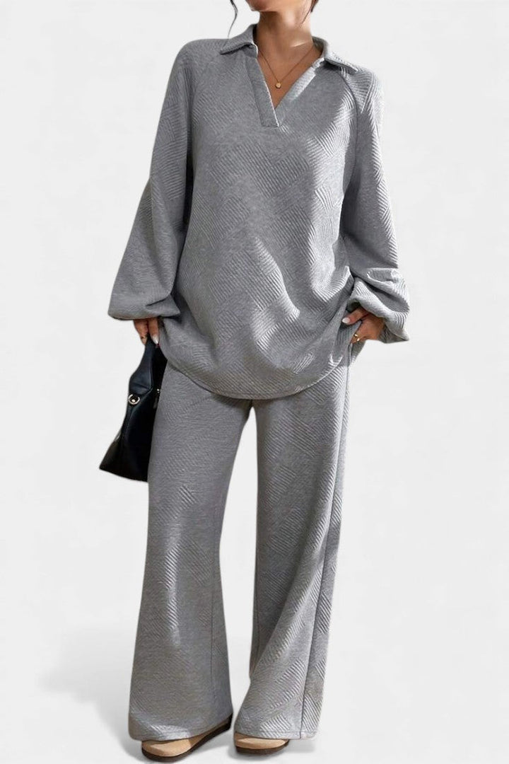 Breanne Oversize Textured Shirt-Collar & Wide-Leg Pants Set