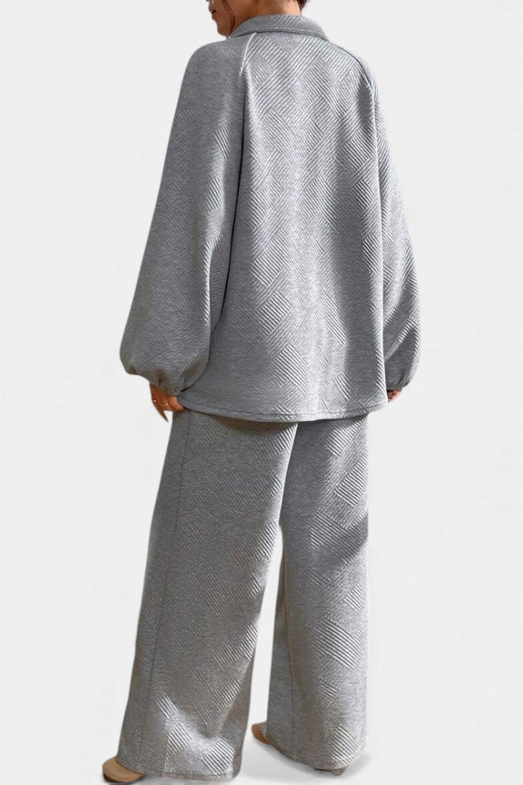 Breanne Oversize Textured Shirt-Collar & Wide-Leg Pants Set