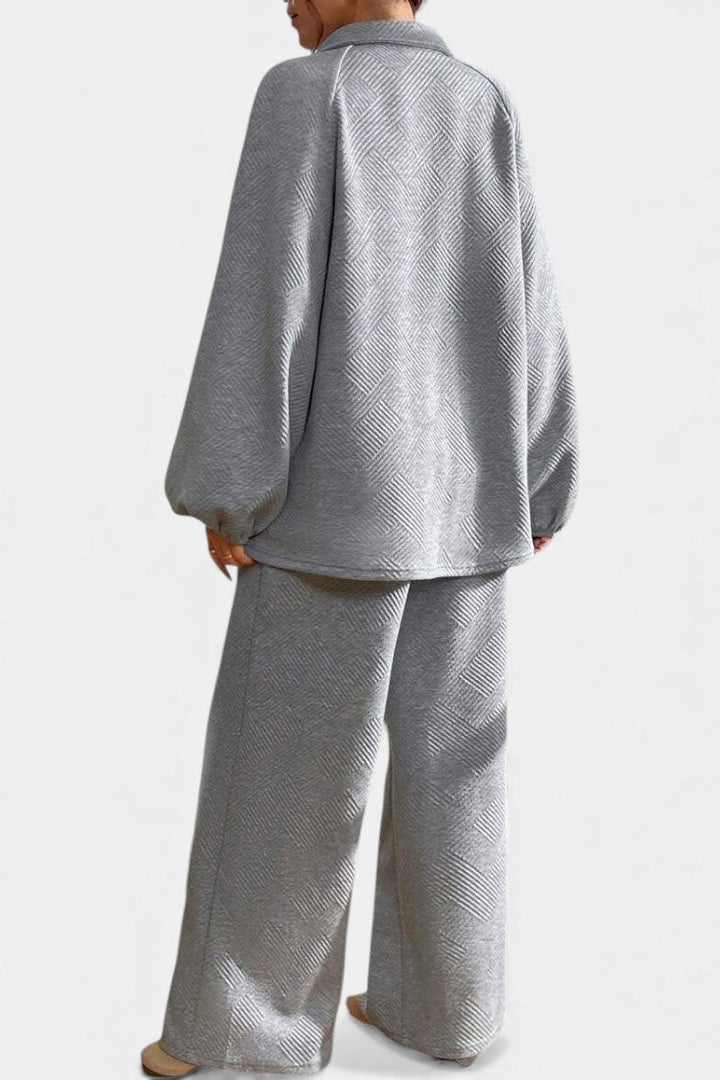 Breanne Oversize Textured Shirt-Collar & Wide-Leg Pants Set