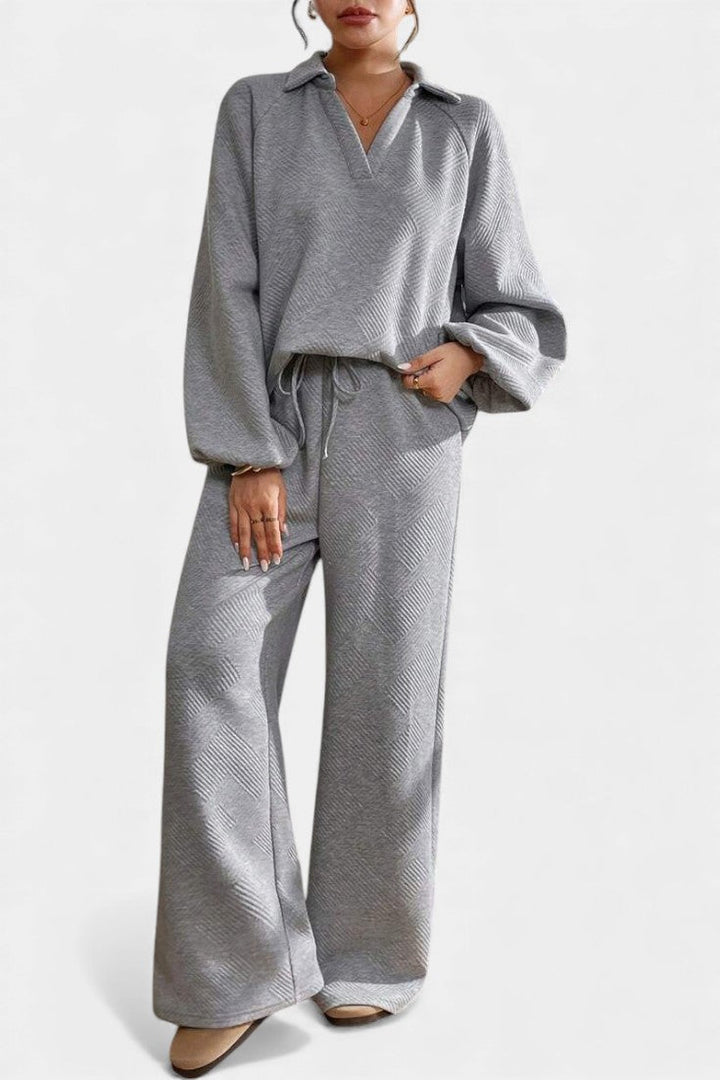 Breanne Oversize Textured Shirt-Collar & Wide-Leg Pants Set