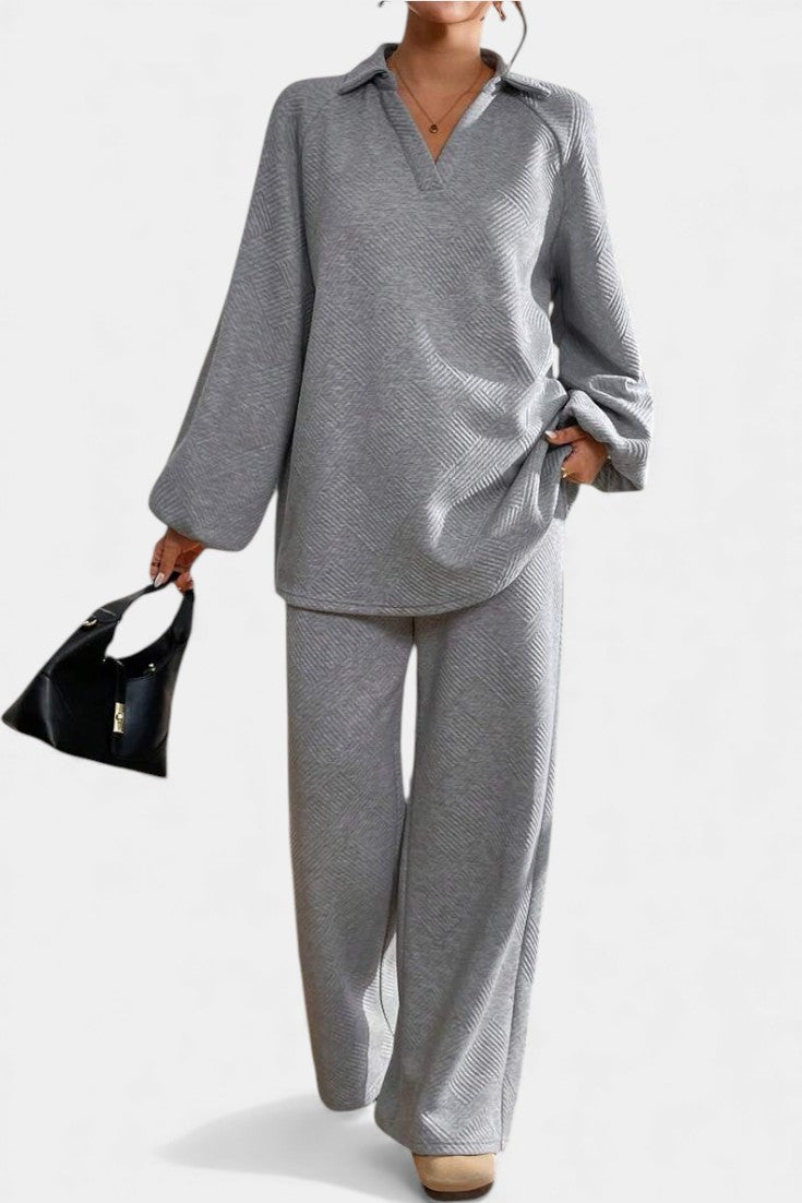 Breanne Oversize Textured Shirt-Collar & Wide-Leg Pants Set