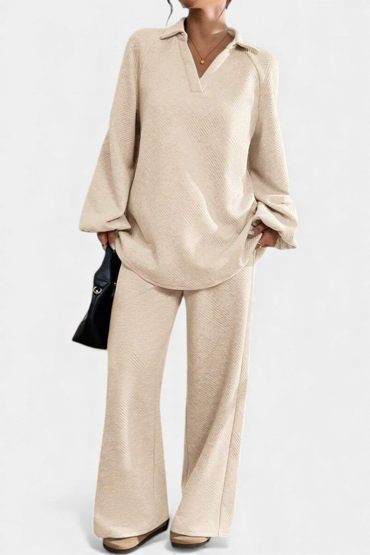 Breanne Oversize Textured Shirt-Collar & Wide-Leg Pants Set