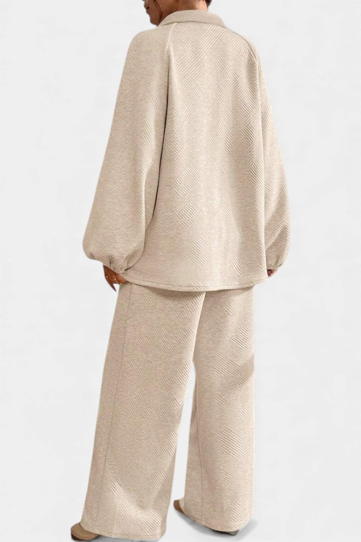 Breanne Oversize Textured Shirt-Collar & Wide-Leg Pants Set