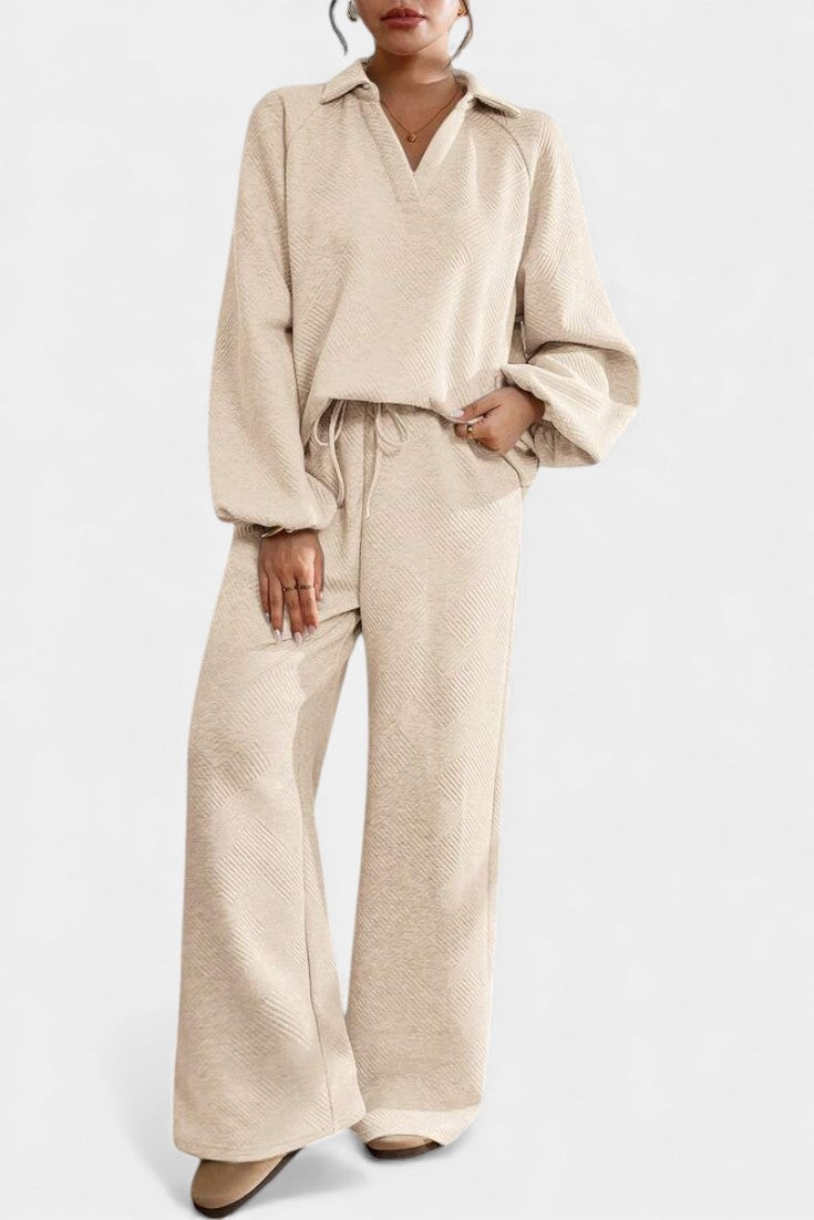 Breanne Oversize Textured Shirt-Collar & Wide-Leg Pants Set