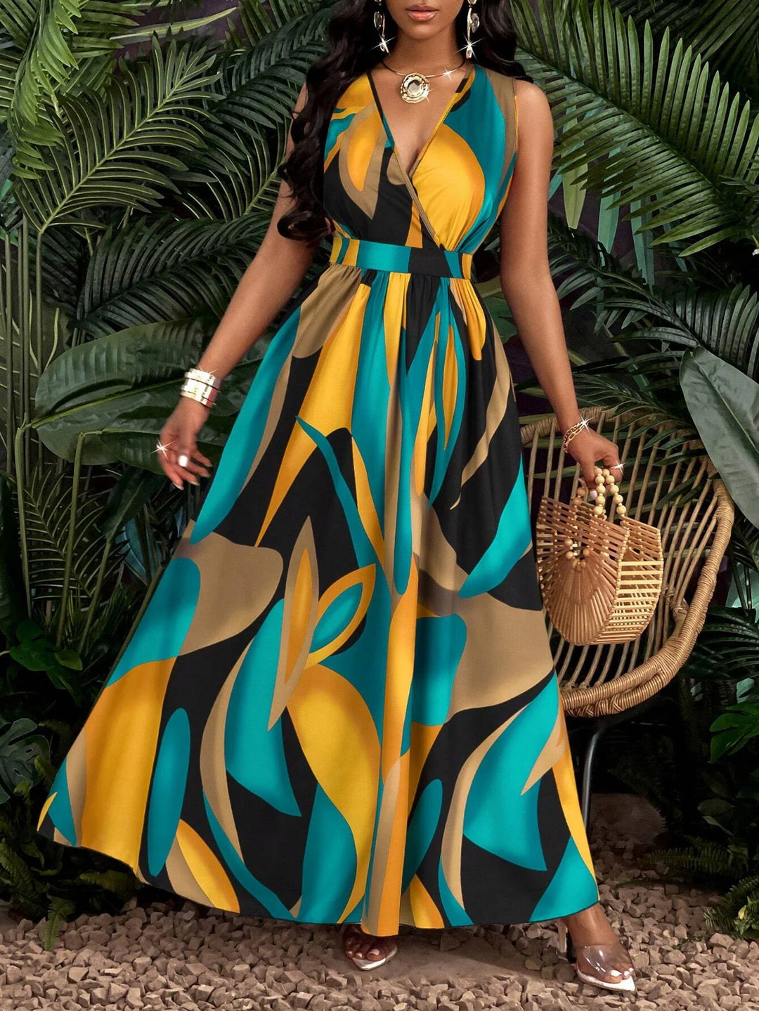 V-neck flared tropical dress