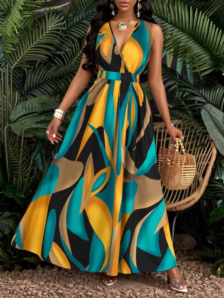 V-neck flared tropical dress