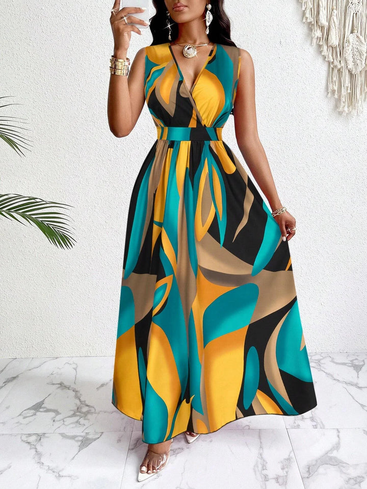 V-neck flared tropical dress