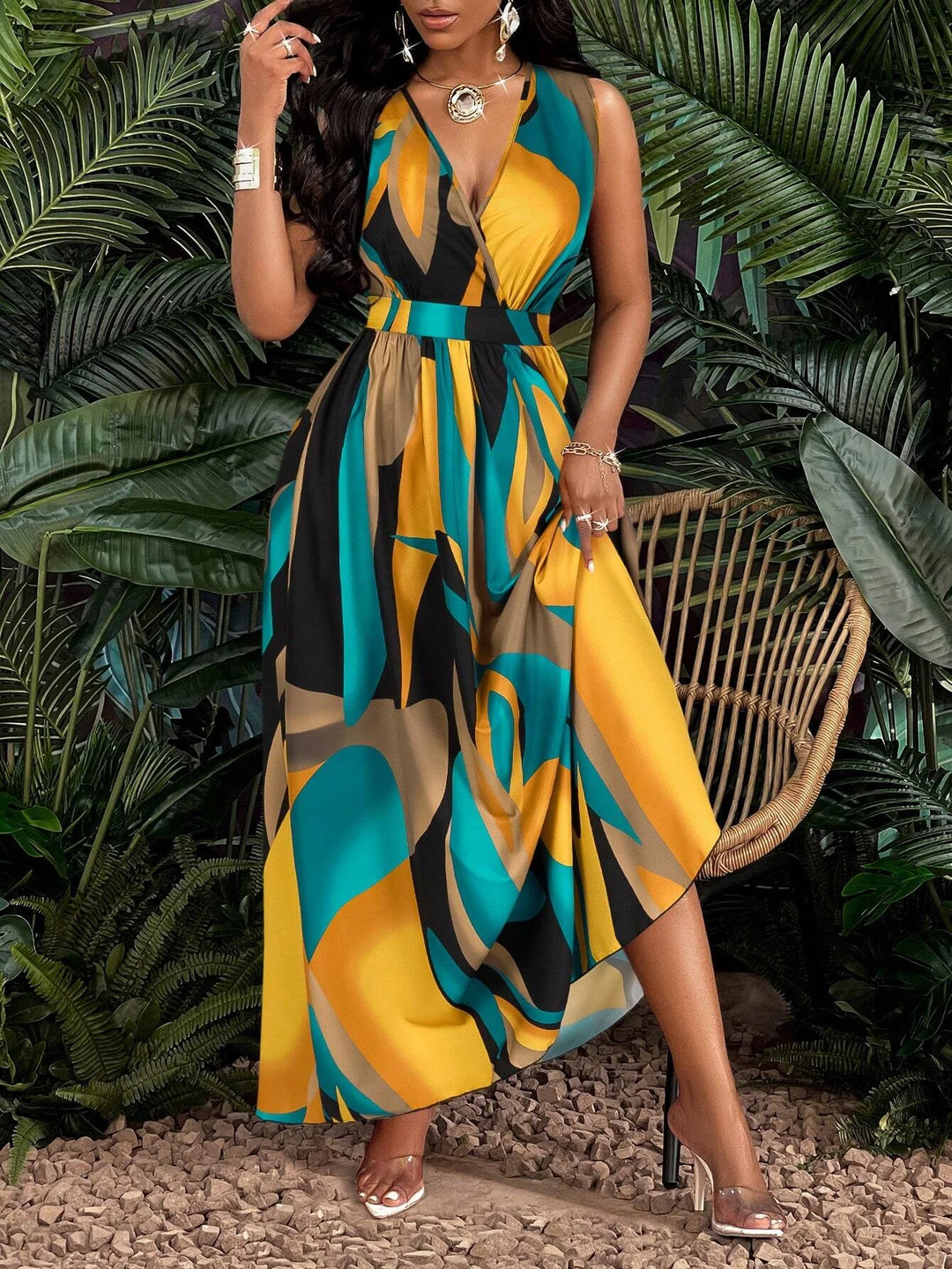 V-neck flared tropical dress