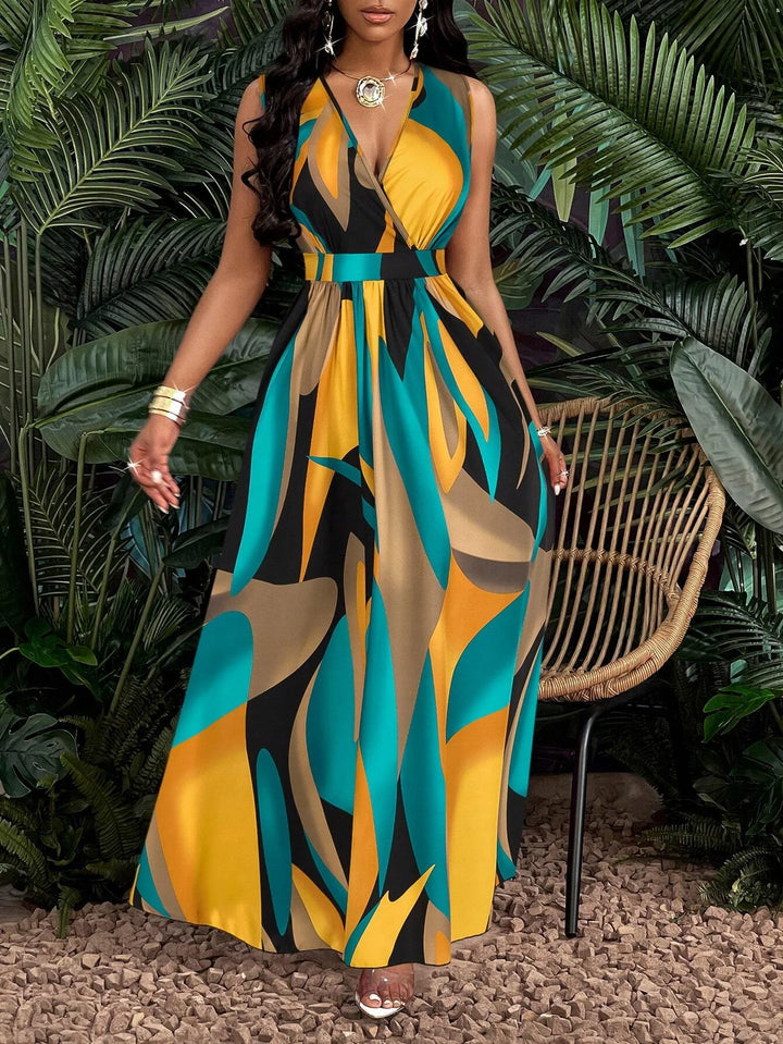 V-neck flared tropical dress