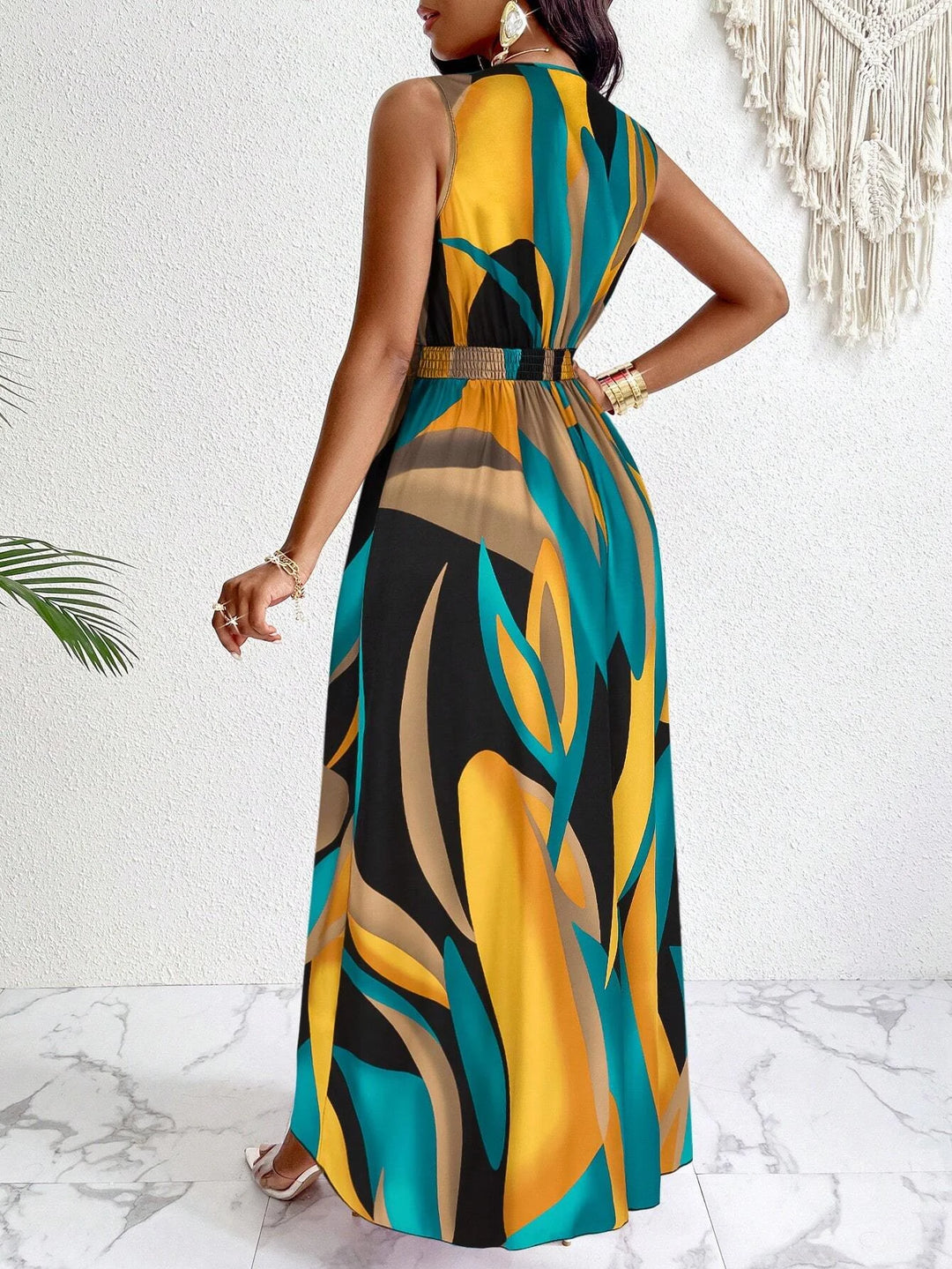 V-neck flared tropical dress