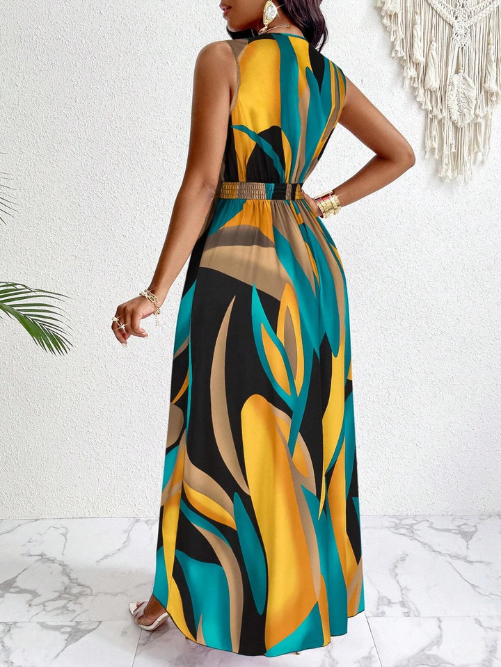 V-neck flared tropical dress
